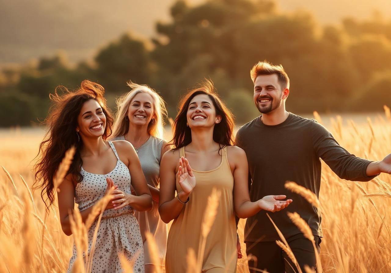 A small group of friends sitting together outdoors, sharing a calm, connected wellness moment in warm afternoon light.